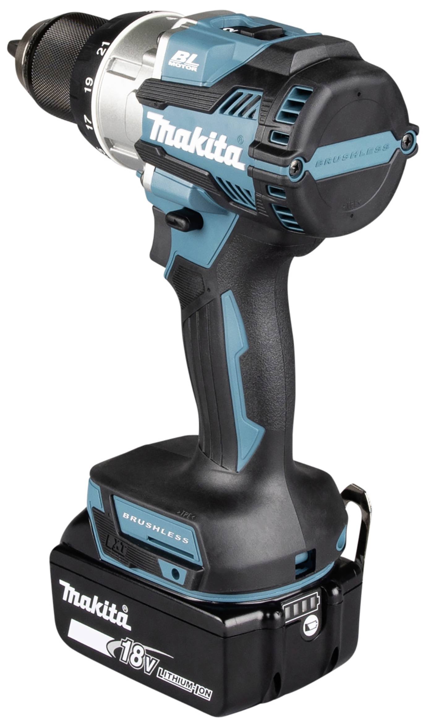 Akumulátorový šroubovák s ergonomickou rukojetí, modro-černý, označený štítkem 'BL' a '18V Lithium-iontový'.