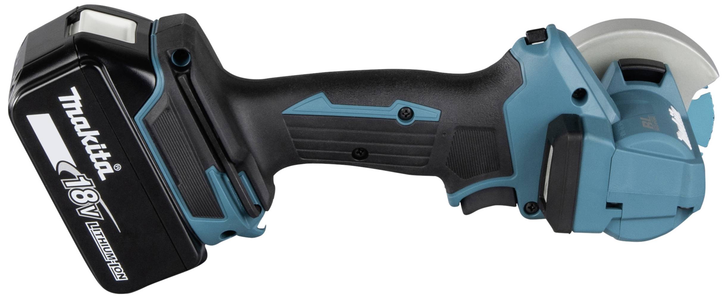 Úhlová bruska na akumulátor s 18V lithium-iontovou baterií, ergonomickou rukojetí a modrým designem.