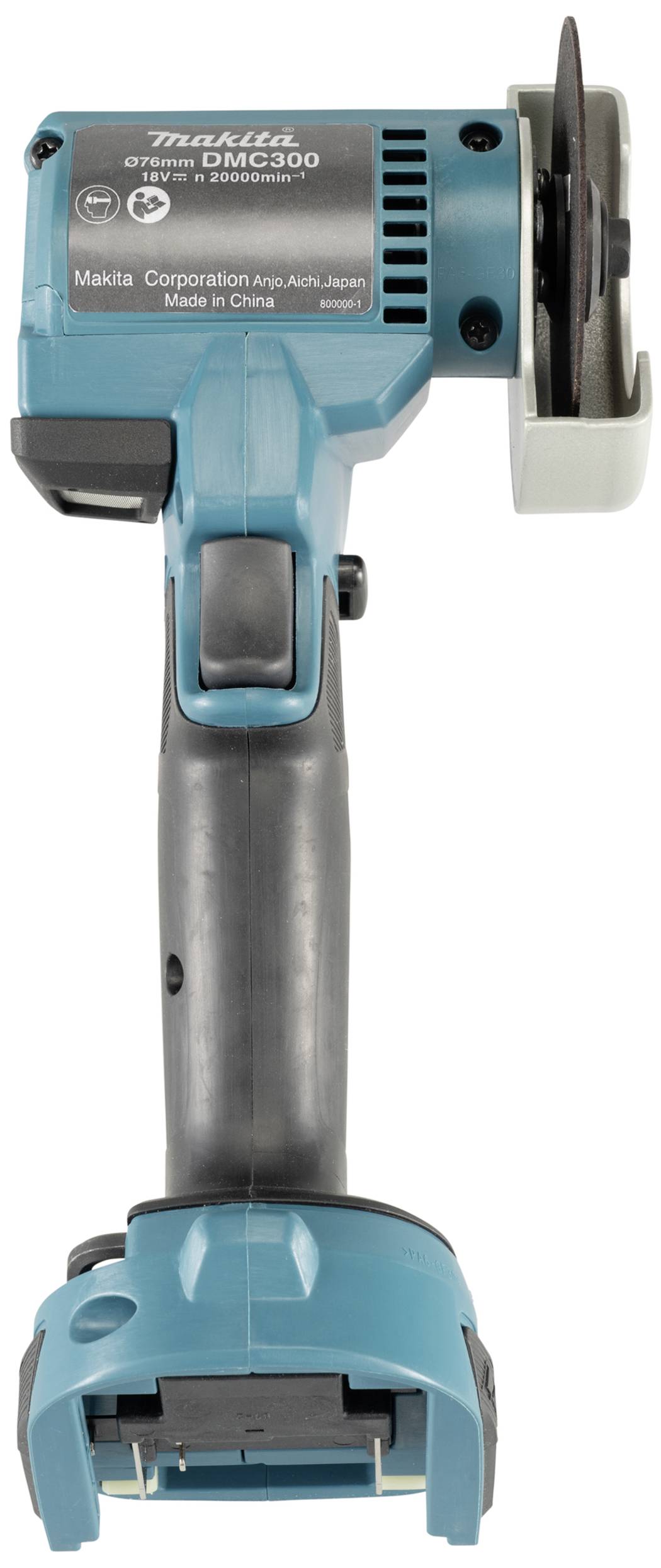 Modrá bezdrátová úhlová bruska Makita, model DMC300, s černou rukojetí a připevněným brusným kotoučem.