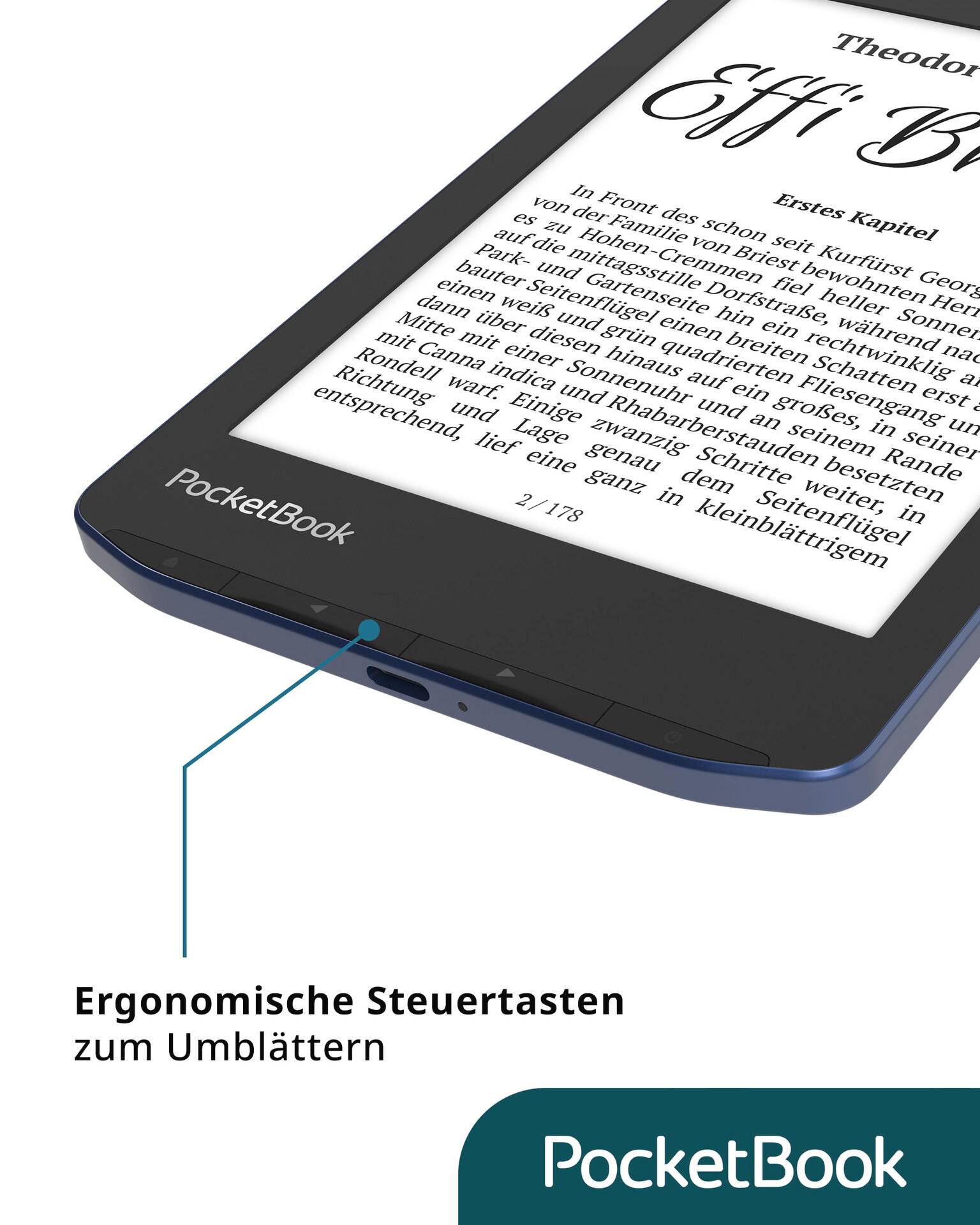 Elektronická čtečka od PocketBoku s ergonomickými ovládacími tlačítky pro listování. Displej zobrazuje text románu 'Effi Briest'.