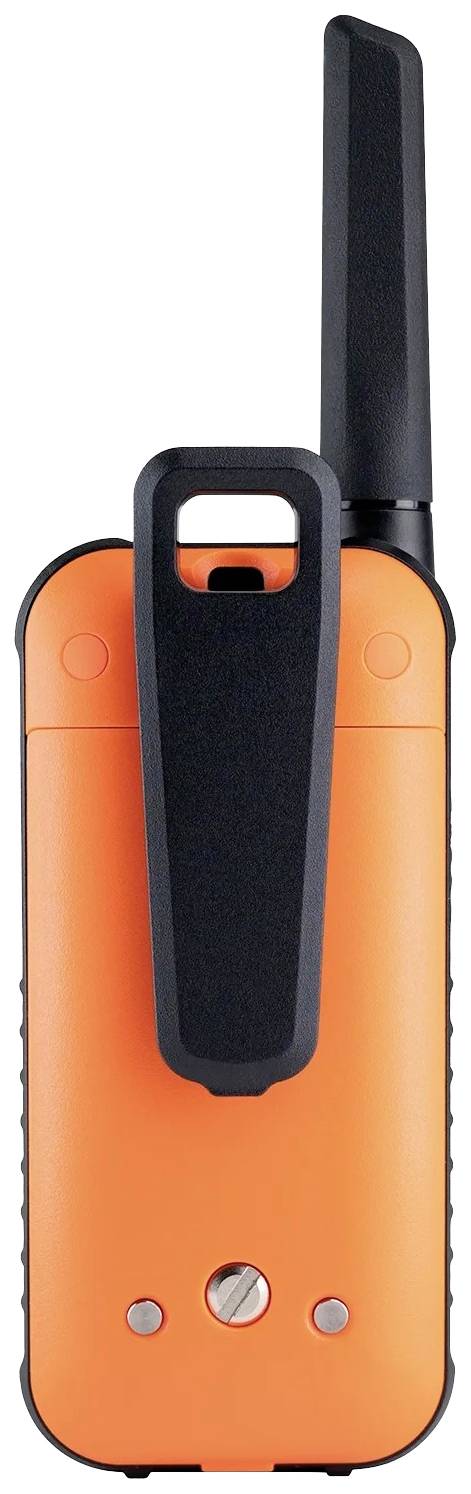 Oranžová vysílačka s černou anténou a sponou. Je umístěna vertikálně a zobrazuje zadní stranu.