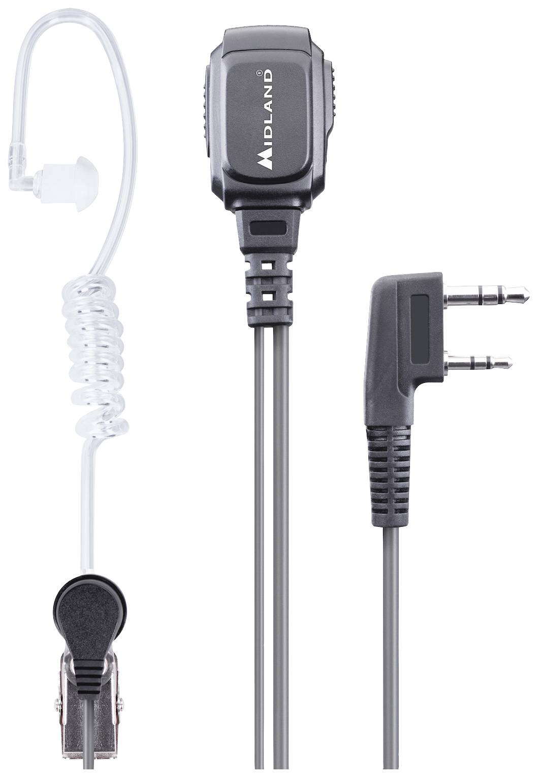 Odposlouchávací sada skládající se z průhledné špunty do uší s vinutým kabelem a černou zástrčkou se dvěma kovovými kolíky.