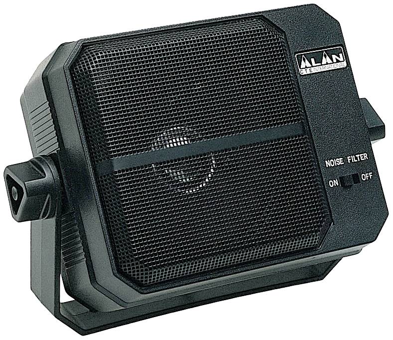 Černý reproduktor s přepínačem 'Noise/Filter'. Polohy přepínače: 'Zapnuto' a 'Vypnuto'. Design s mřížkou na přední straně.