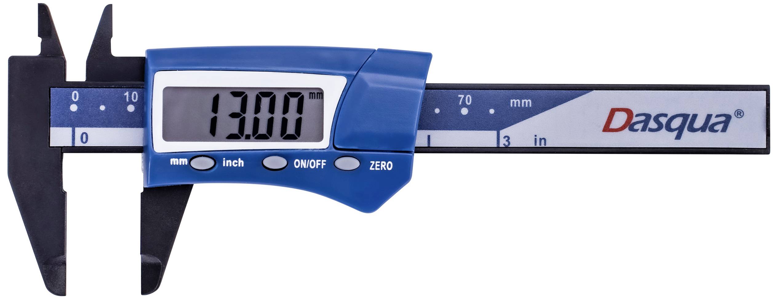Digitální posuvné měřítko ukazuje měření 13 mm.