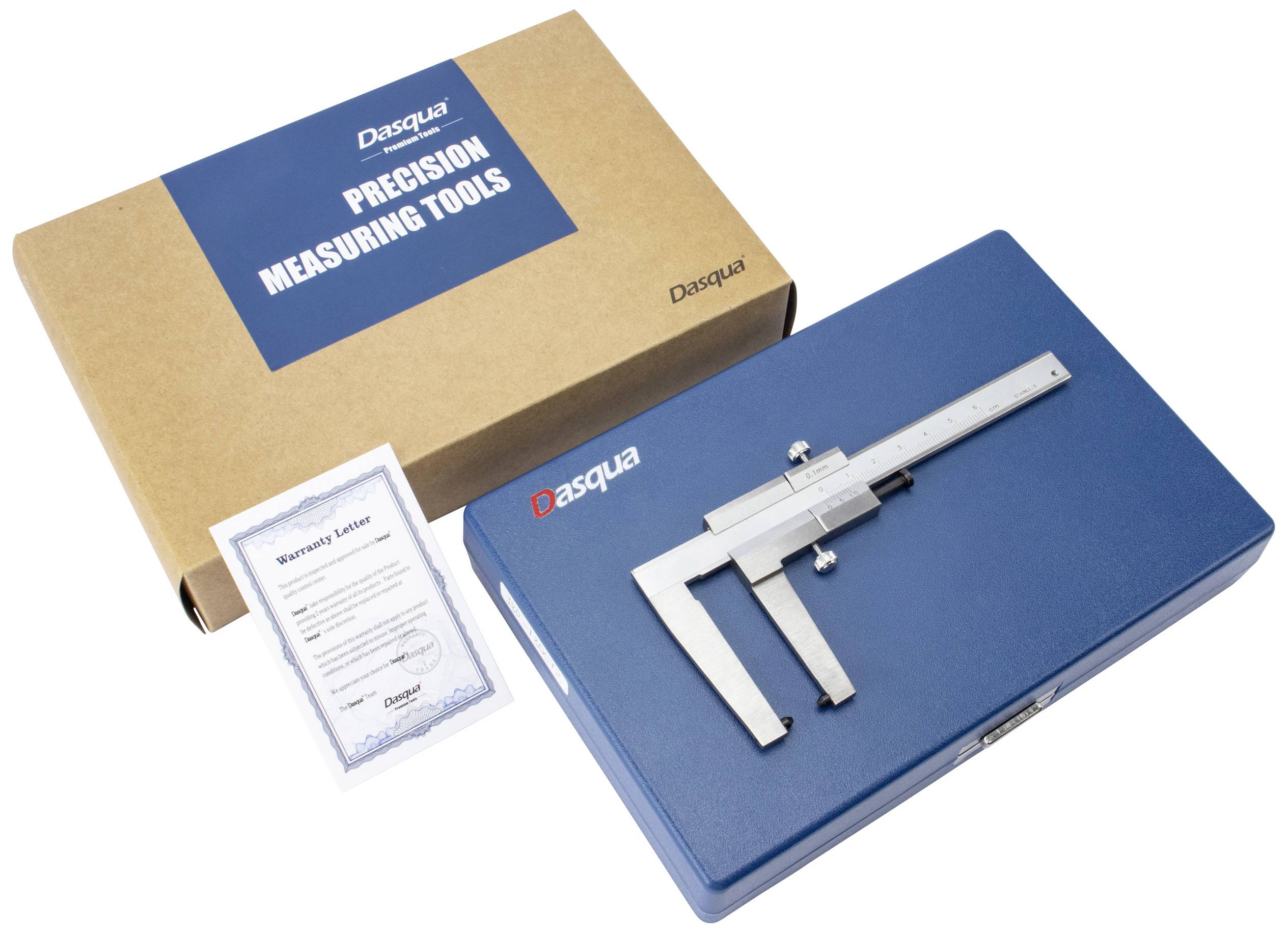 Karton s nápisem 'Precision Measuring Tools' vedle modrého kufříku s mikrometrem a záručním listem.