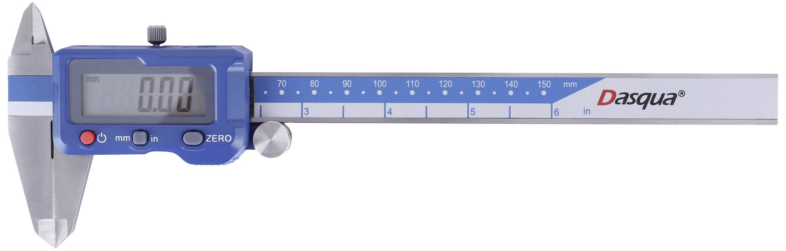Digitální posuvné měřítko s modrým pouzdrem, které zobrazuje digitální displej. Stupnice na měřítku je od 0 do 150 mm.