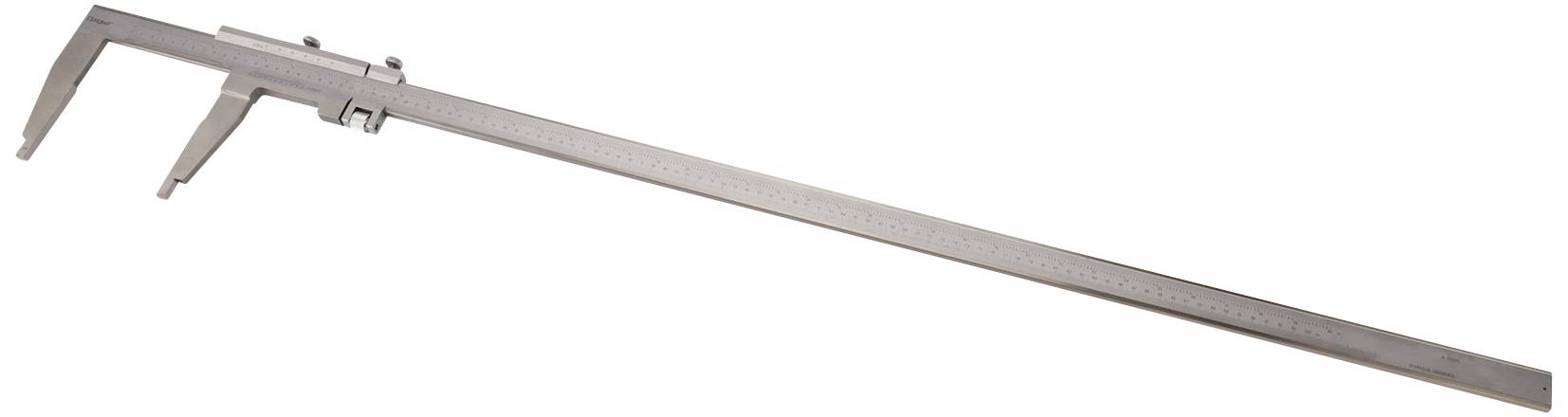 Velké posuvné měřítko z kovu se stupnicí, vhodné pro přesná měření délek. Ideální pro technické nebo průmyslové použití.