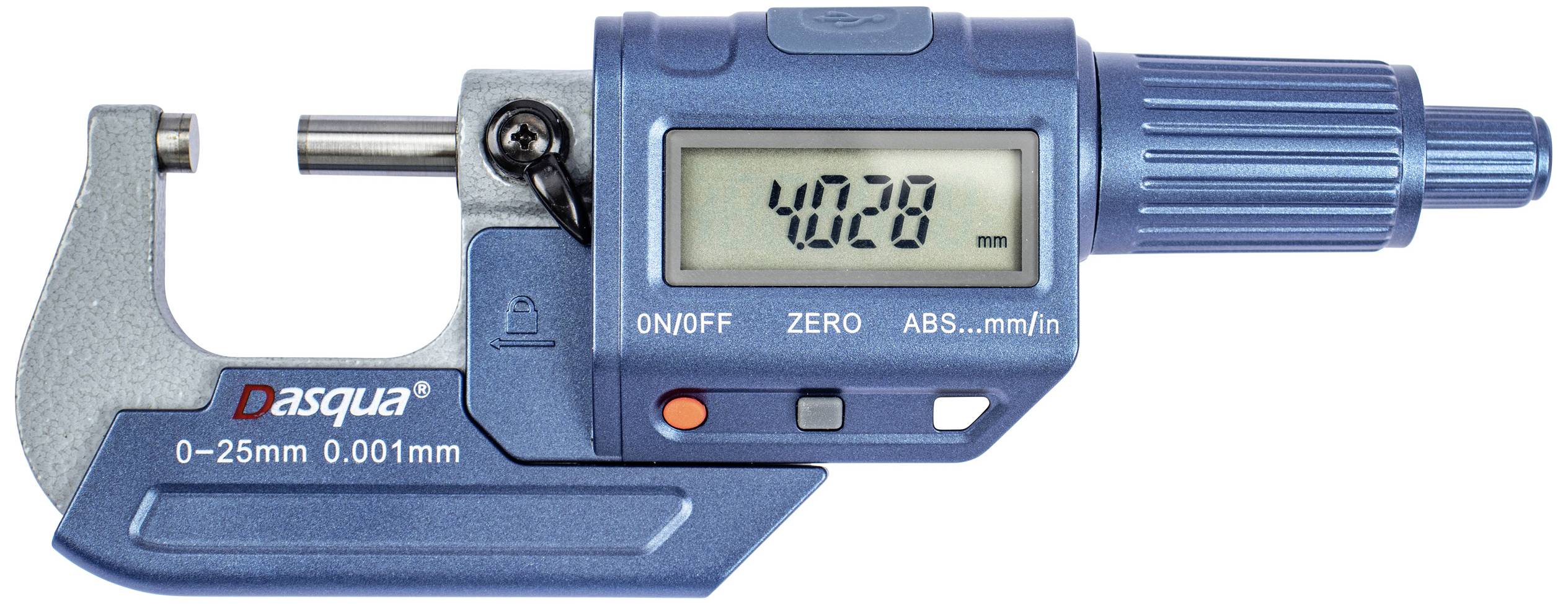 Elektronický mikrometr s digitálním displejem zobrazuje '40,28 mm'. Modré pouzdro, měřicí rozsah 0-25 mm, přesnost 0,001 mm.