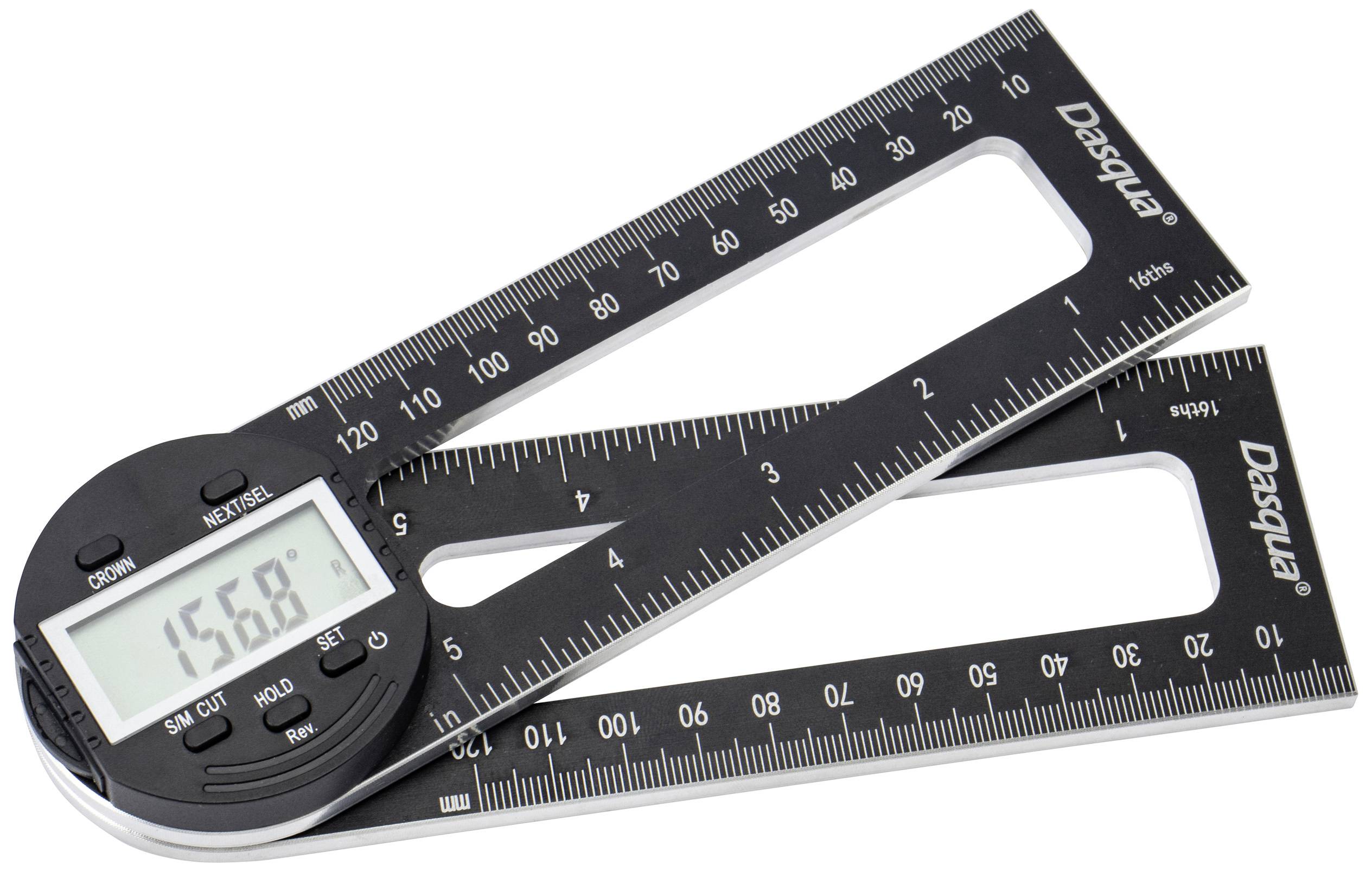Digitální úhloměr s LCD displejem zobrazuje 156,8 stupňů. Černý design pravítka s metrickými a imperiálními jednotkami.
