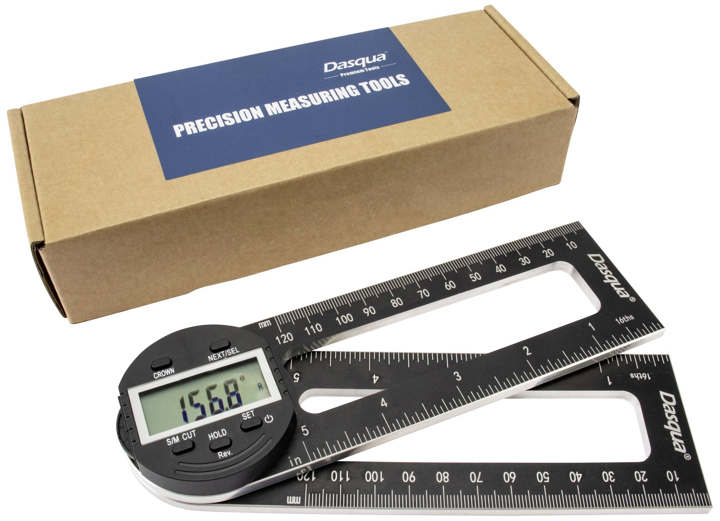Digitální úhloměr s LCD displejem zobrazuje 156,8 stupňů před kartónem s nápisem 'Precision Measuring Tools'.