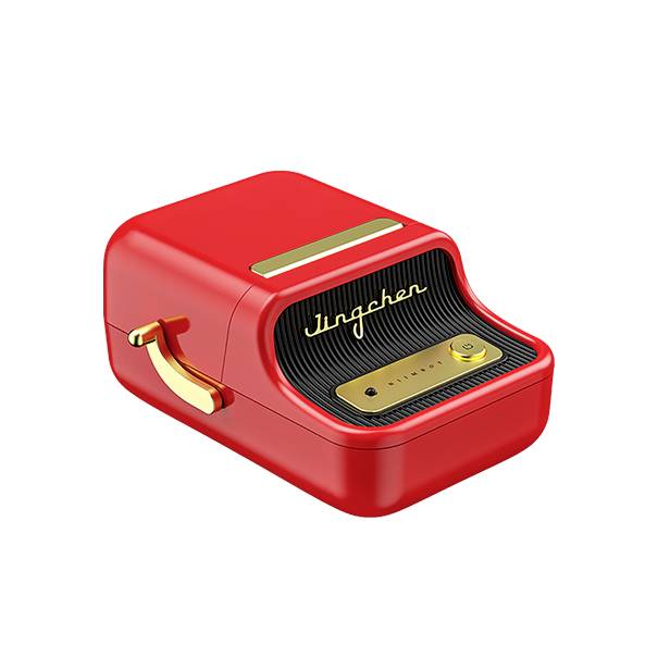 Retro hudební přehrávač s červeným designem, zlatými prvky a logem 'Jingchen' na přední straně.