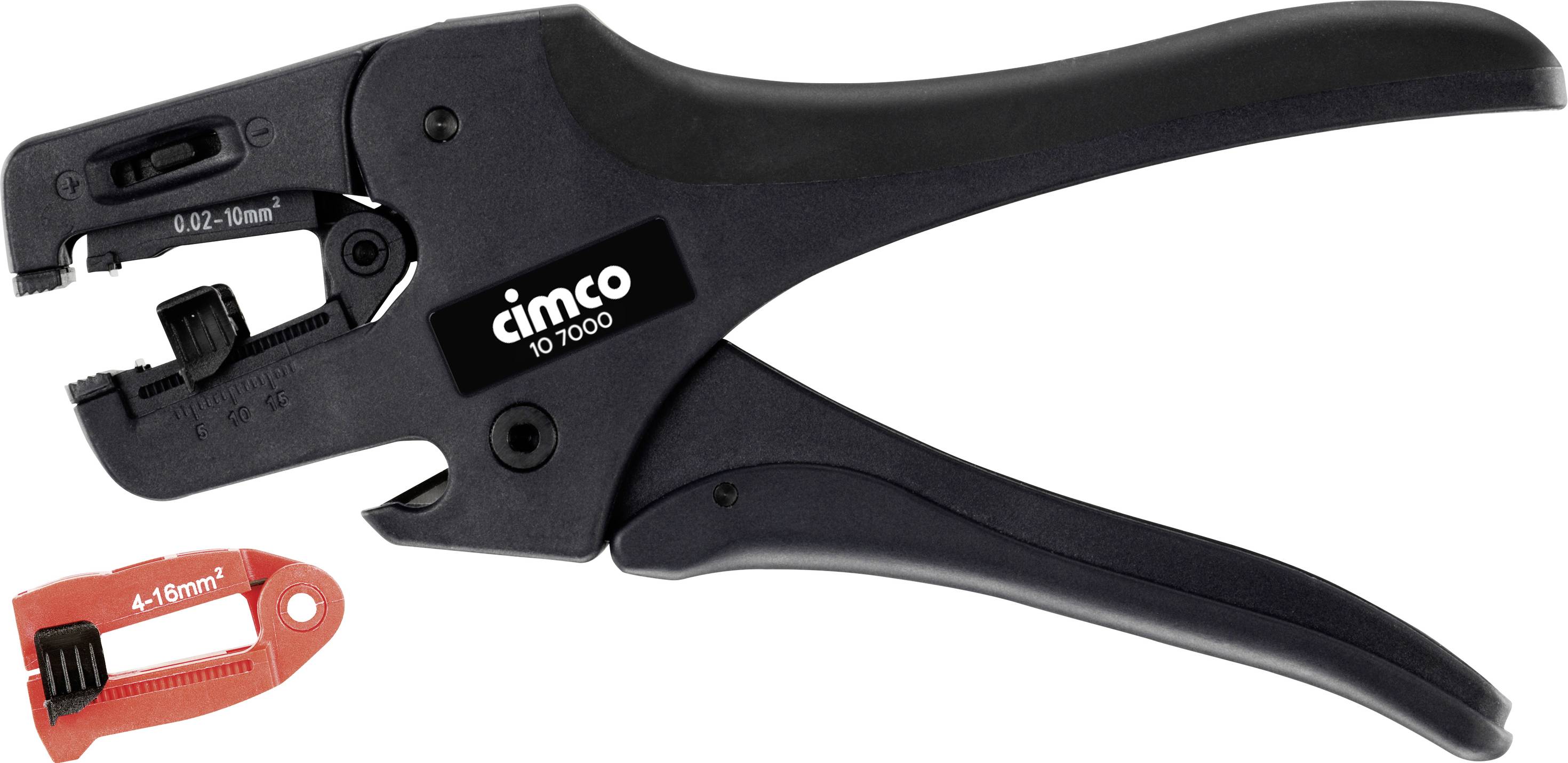 Černé odizolovací kleště značky Cimco, model 1007000, s červeným náhradním nožem pro kabely od 0,02 do 10 mm² a 4-16 mm².