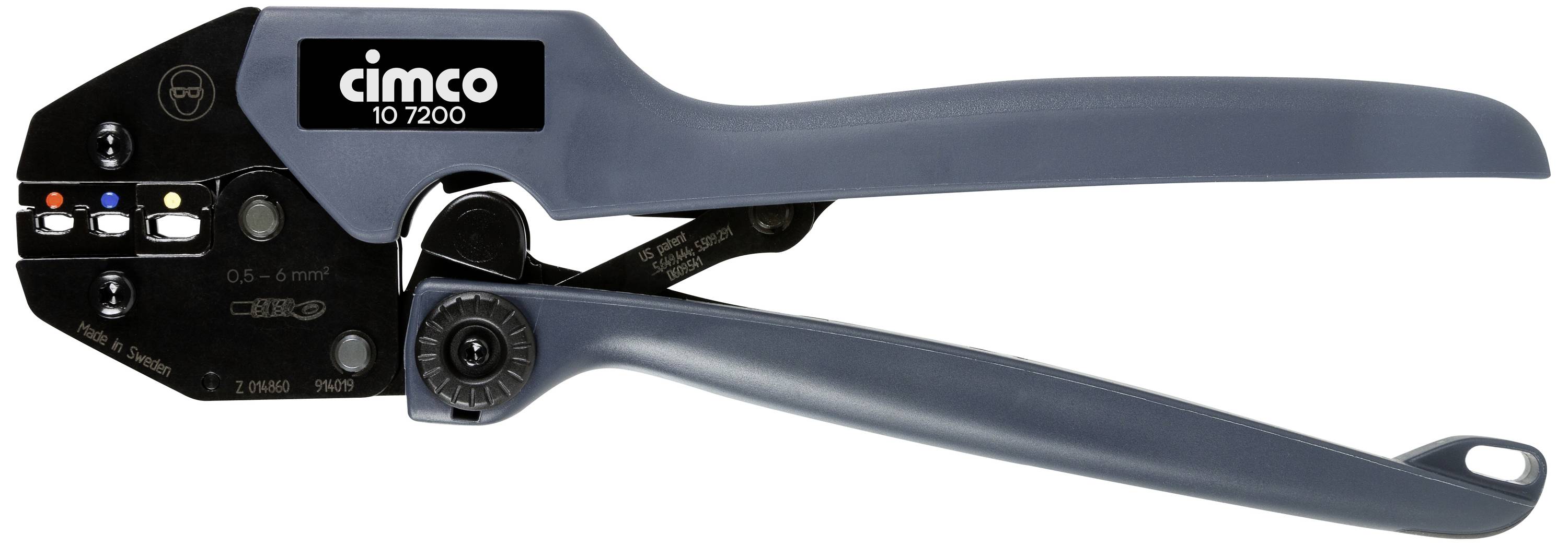 Ruční krimpovací kleště s ergonomickými rukojeťmi, vhodné pro přesné práce s kabely, zobrazené z bočního pohledu.
