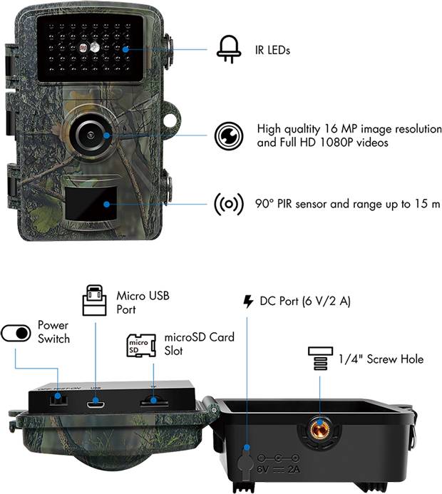 Fotopast s IR LED, 16 MP rozlišení obrazu, Full HD 1080P video, 90° PIR senzor, dosah až 15 m. Konektory: Micro USB, microSD, DC port.