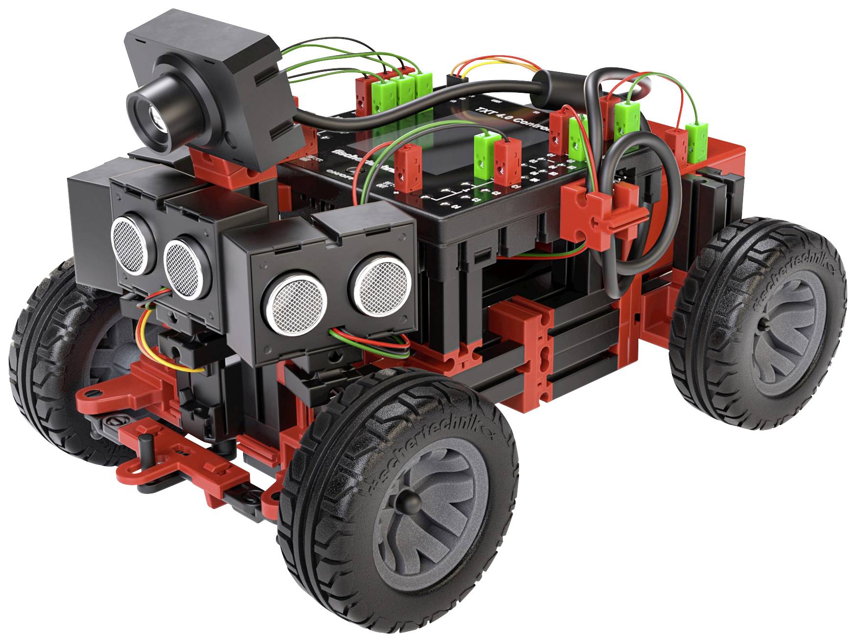 Robotické vozidlo se čtyřmi koly, vybavené senzory a propojenou elektronikou, představuje prototyp pro technický průzkum.
