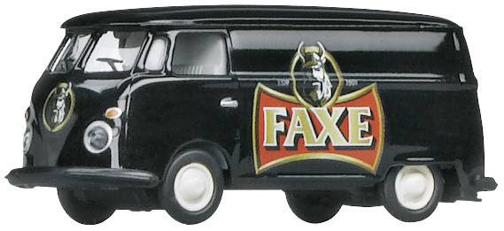 Černý dodávkový vůz s logem Faxe a emblémem býka na straně. Vintage styl, pohled zleva.