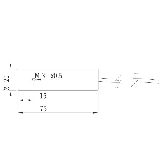 Technický výkres válcového kolíku o průměru 20 mm, délce 75 mm, se závitovým otvorem M3 x 0,5 v hloubce 15 mm.