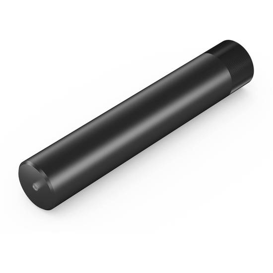 Dlouhý černý válcovitý předmět, případně technické zařízení nebo pouzdro, před bílým pozadím.