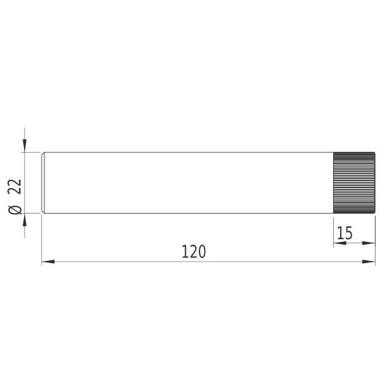 Technický výkres válcového objektu, délka 120 mm, průměr 22 mm. Drážkování na pravém konci, délka 15 mm.