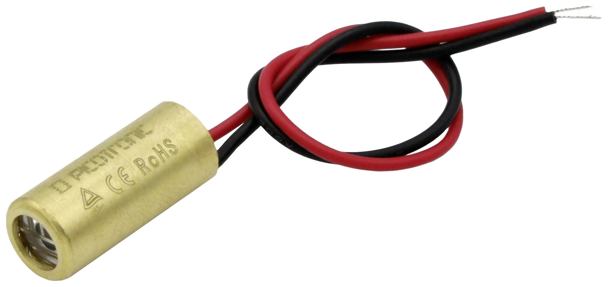 Malý válcovitý laserový diodový modul s červenými a černými kabely, vhodný pro jednoduché optické aplikace nebo DIY projekty.