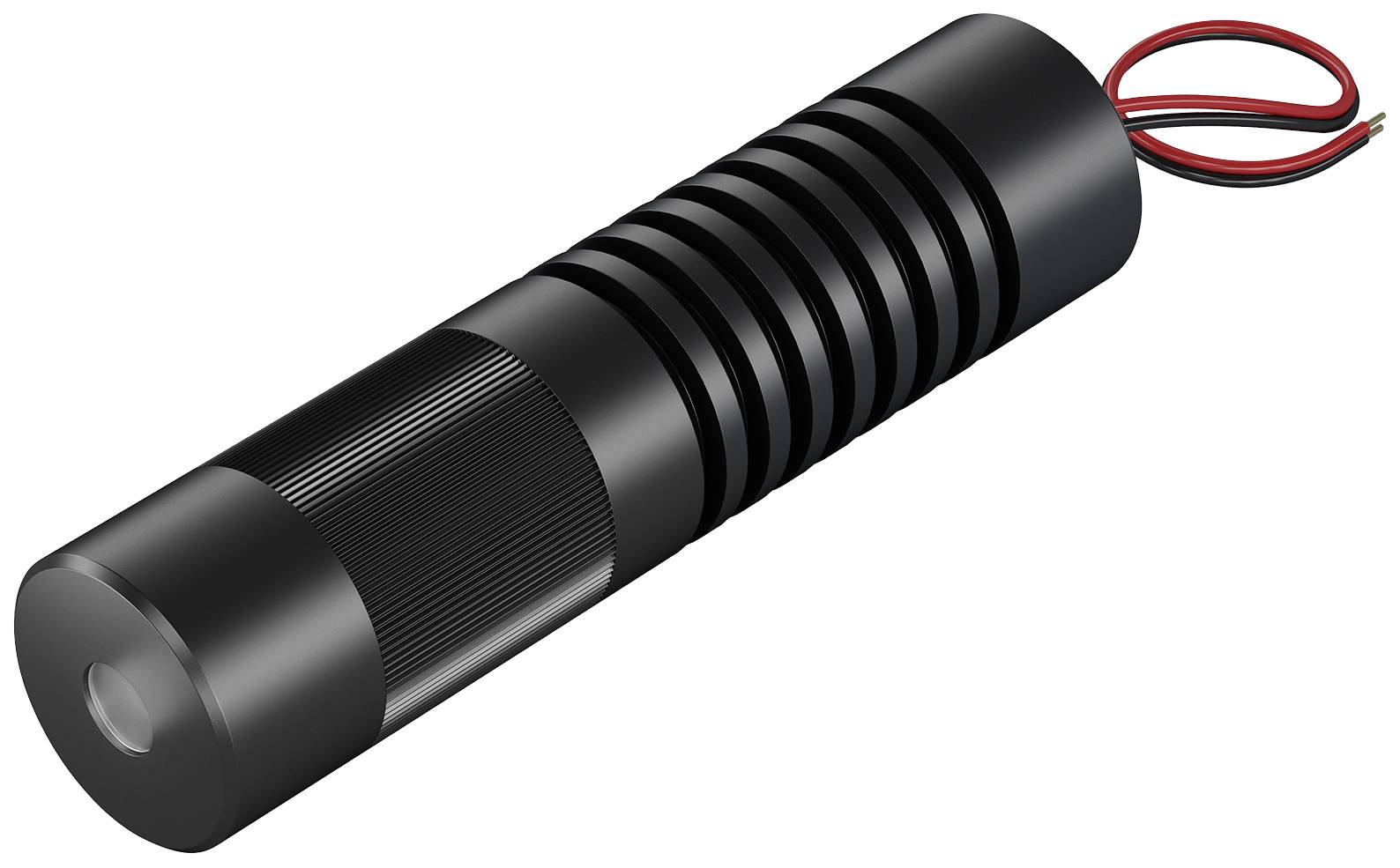 Černý, válcový laser s chladicími žebry a vyčnívajícím červeným a černým kabelem na zadní straně.