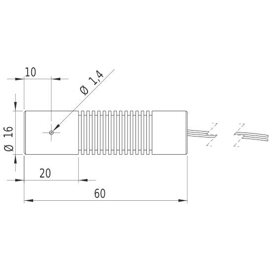 Technický výkres válcové součásti o délce 60 mm a průměru 16 mm. Průměr otvoru 1,4 mm.