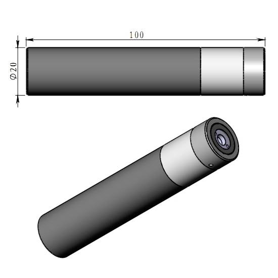 Dva pohledy na válcové zařízení, které je 210 mm dlouhé a 100 mm v průměru. Jeden pohled ukazuje boční stranu a druhý perspektivní pohled.