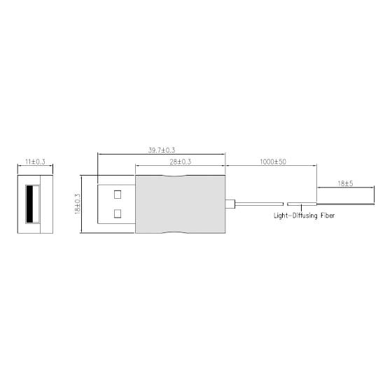 Technický výkres USB kabelu s rozměry v mm: Celková délka 1000±50, USB konektor 28±0,3 x 11±0,3, optické vlákno 18±5.