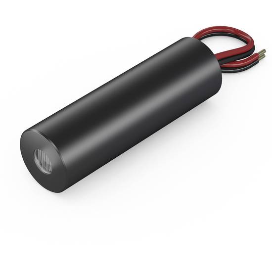 Válcová černá elektronická součástka se dvěma červenými vodiči, která vypadá jako kondenzátor.