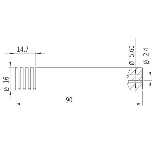 Technický výkres válcové součásti s údaji os a průměru. Celková délka 90 mm, průměr 16 mm.