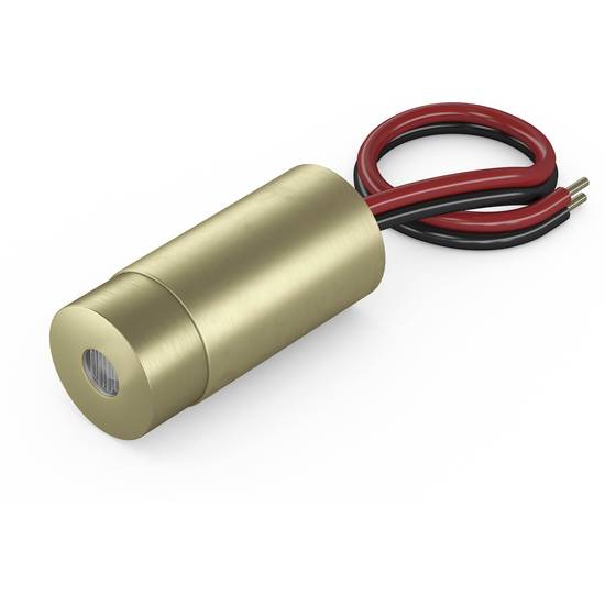Válcový, zlatě zbarvený laser se dvěma vyčnívajícími izolovanými kabely pro elektrické připojení.