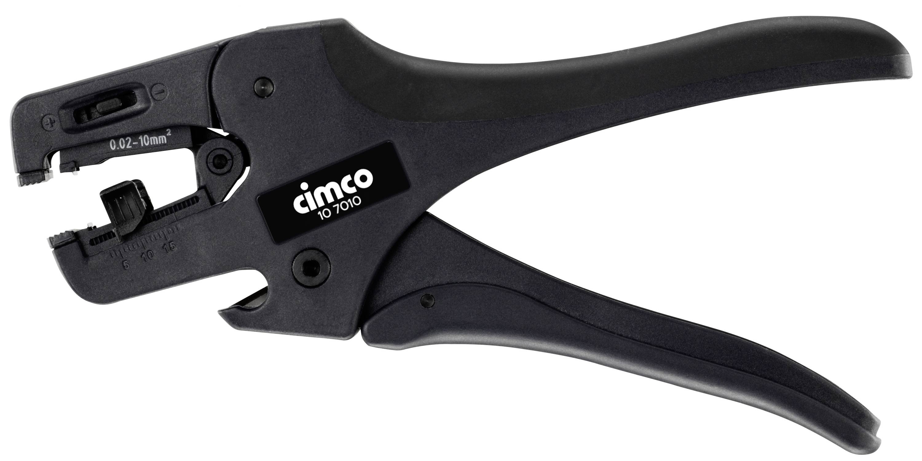 Kleště výrobce 'cimco', model "100700", pro odstraňování izolace kabelů o průřezu 0,2 až 10 mm², v černém provedení.