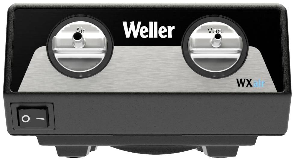 Ovládací jednotka se dvěma otočnými knoflíky označenými 'Air' a 'Vac', značka Weller, model WXair. Vypínač zapnuto/vypnuto vlevo dole.