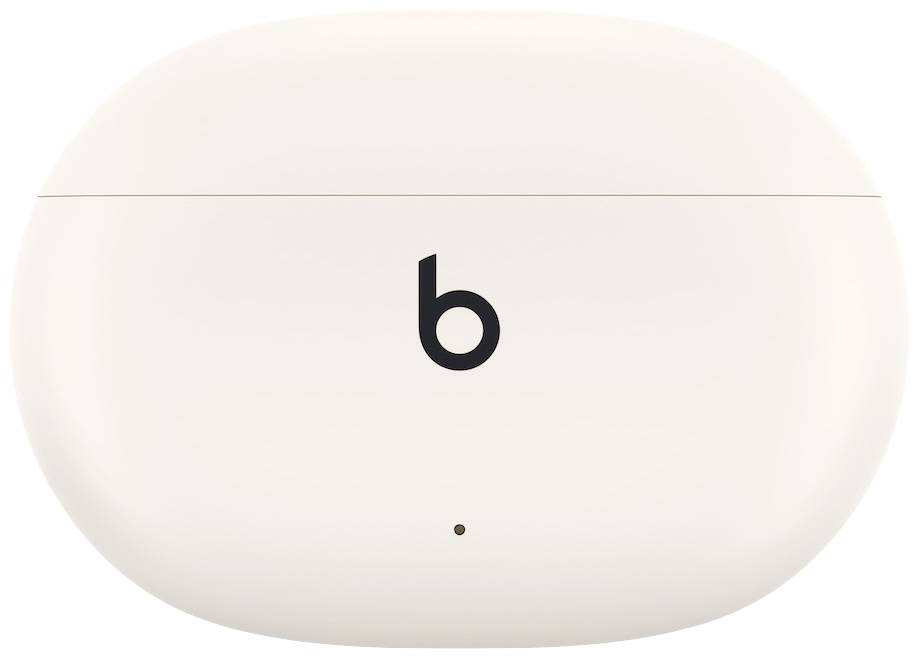 Bílý nabíjecí obal na sluchátka s černým logem uprostřed. Obal je oválného tvaru a má minimalistický design.