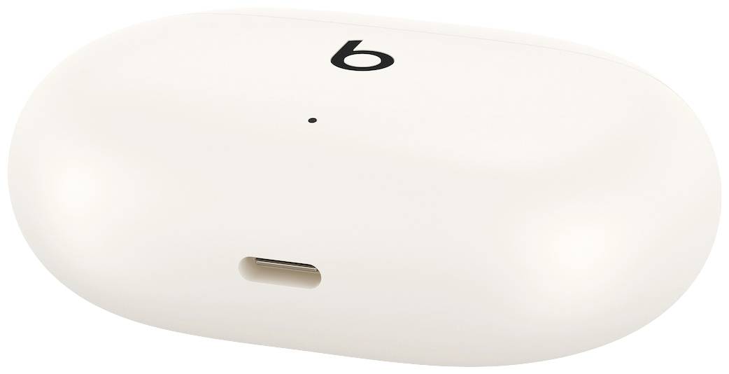 Bílý, oválný nabíjecí obal s logem na horní straně pro bezdrátová sluchátka. Na spodní straně se nachází USB-C port.