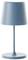 Modrá stolní lampa s moderním, minimalistickým designem, válcovitým stínidlem a štíhlou nohou na kulaté základně.