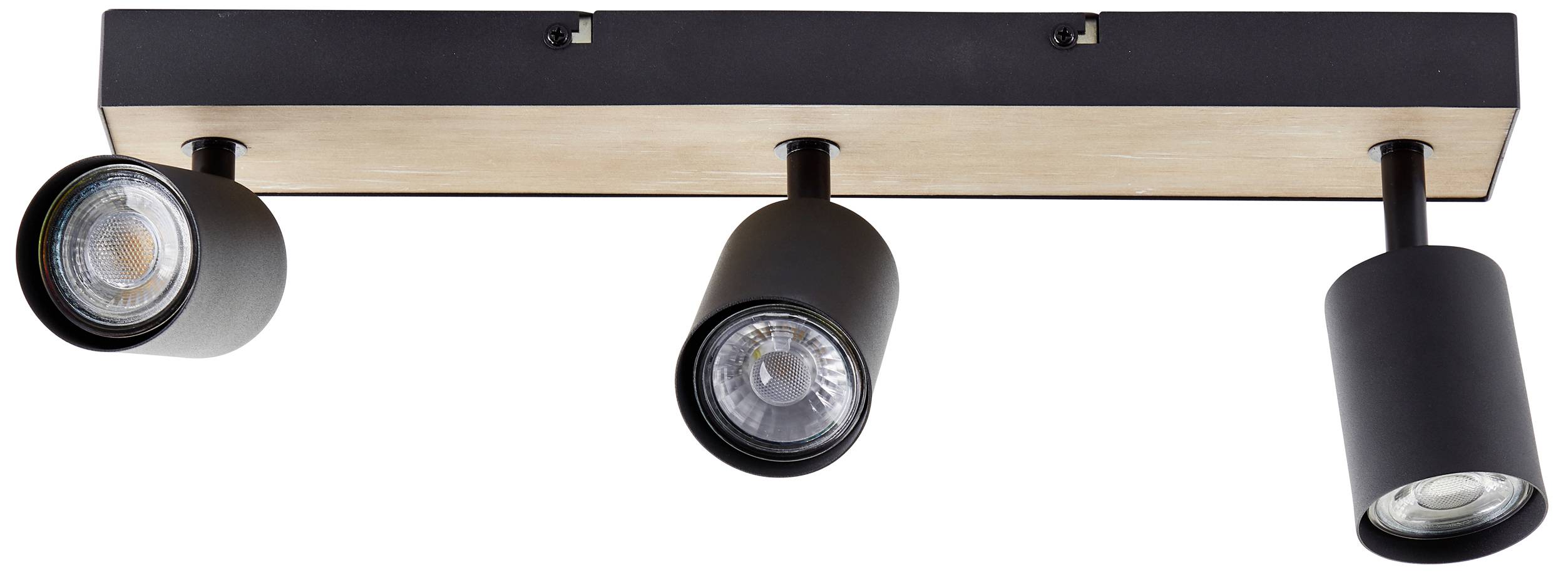 Tři černé stropní reflektory na obdélníkovém držáku v moderním designu pro osvětlení.