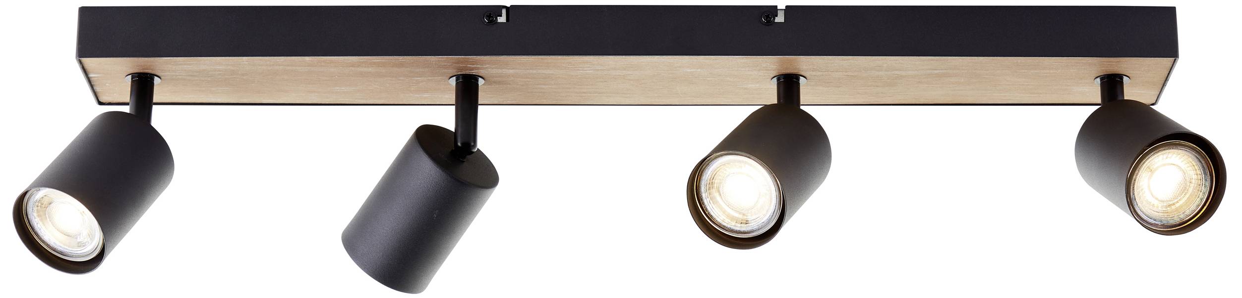 Čtyři bodová světla v černém kovovém rámu, připevněná na dřevěné liště, směřující dolů. Moderní design, vhodný do obytných prostor.