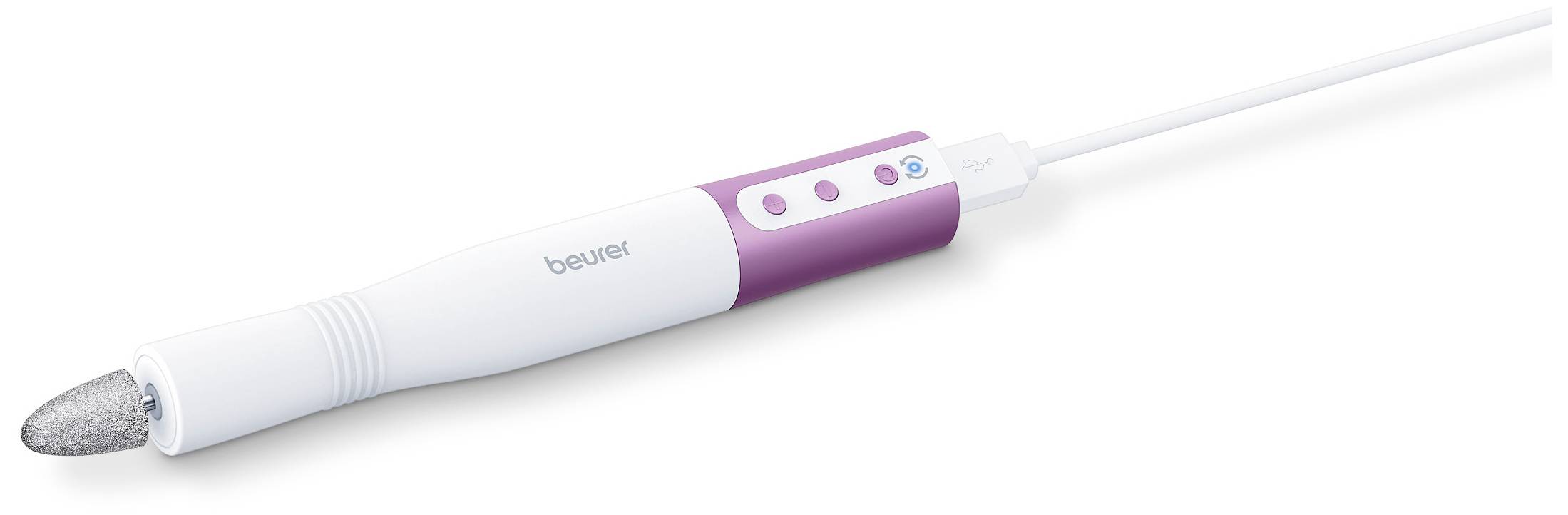Elektrický manikérský přístroj v bílé a růžové barvě s vyměnitelnými nástavci, USB připojením a ovládacími tlačítky pro péči o nehty.