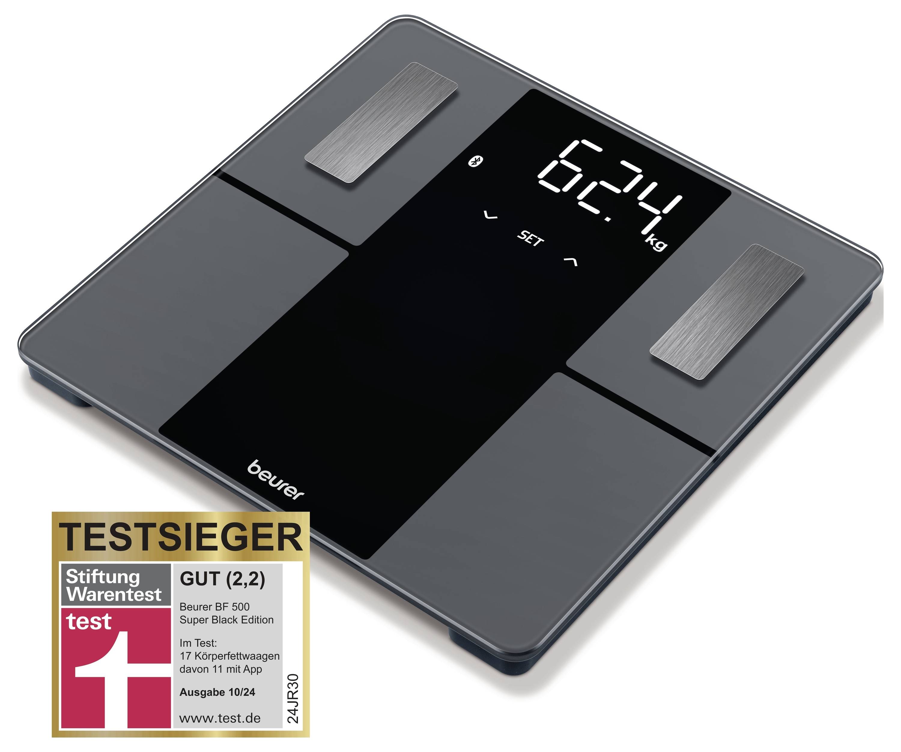 Váha od Beurer s digitálním displejem, hodnocená známkou 'Dobře (2,2)' nadací Stiftung Warentest, byla v čísle 9/24 vyhodnocena jako testový vítěz.