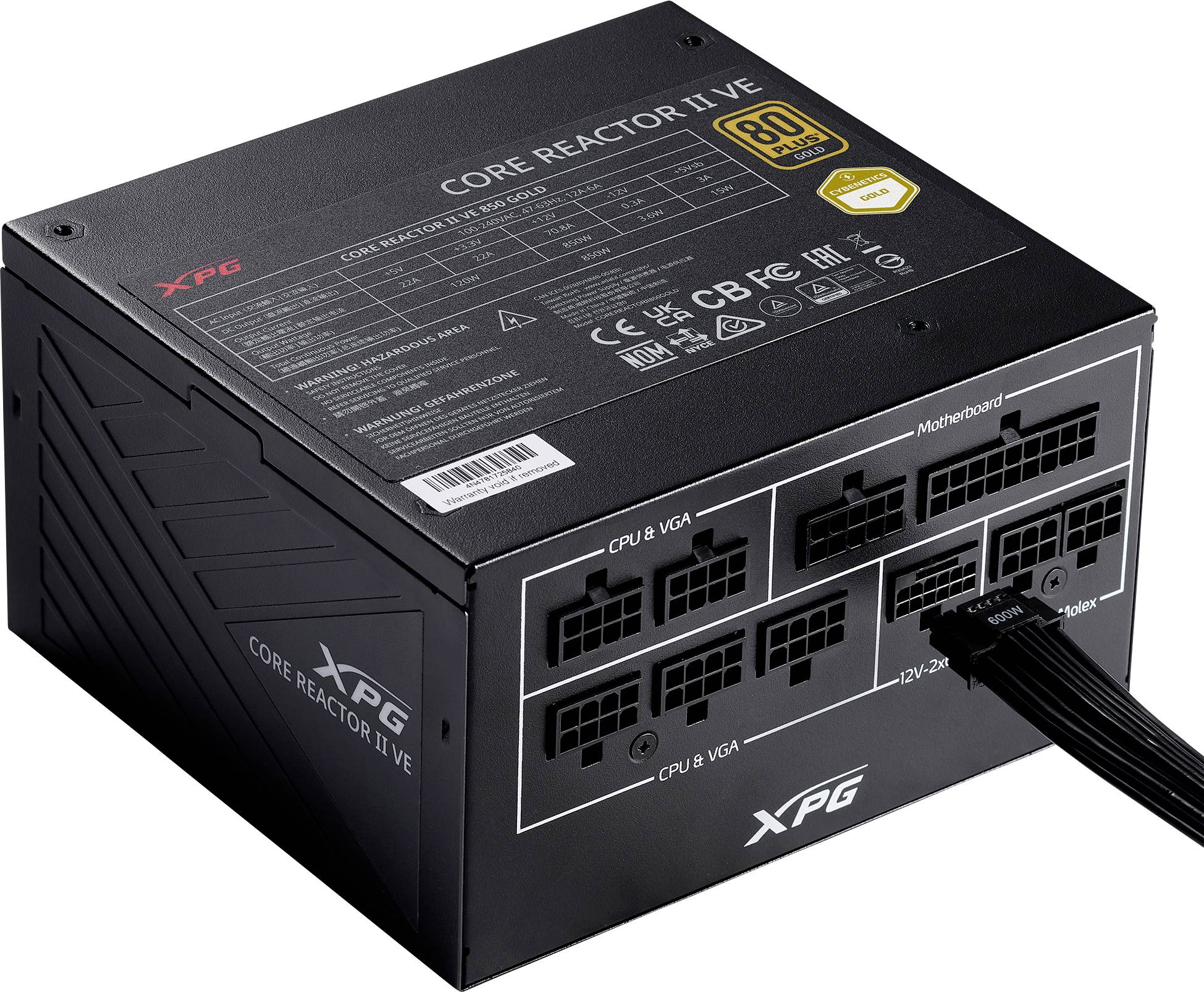 Počítačový zdroj XPG Core Reactor II VE v černé barvě, certifikace 80 Plus Gold, několik připojení pro základní desku a periferní zařízení.
