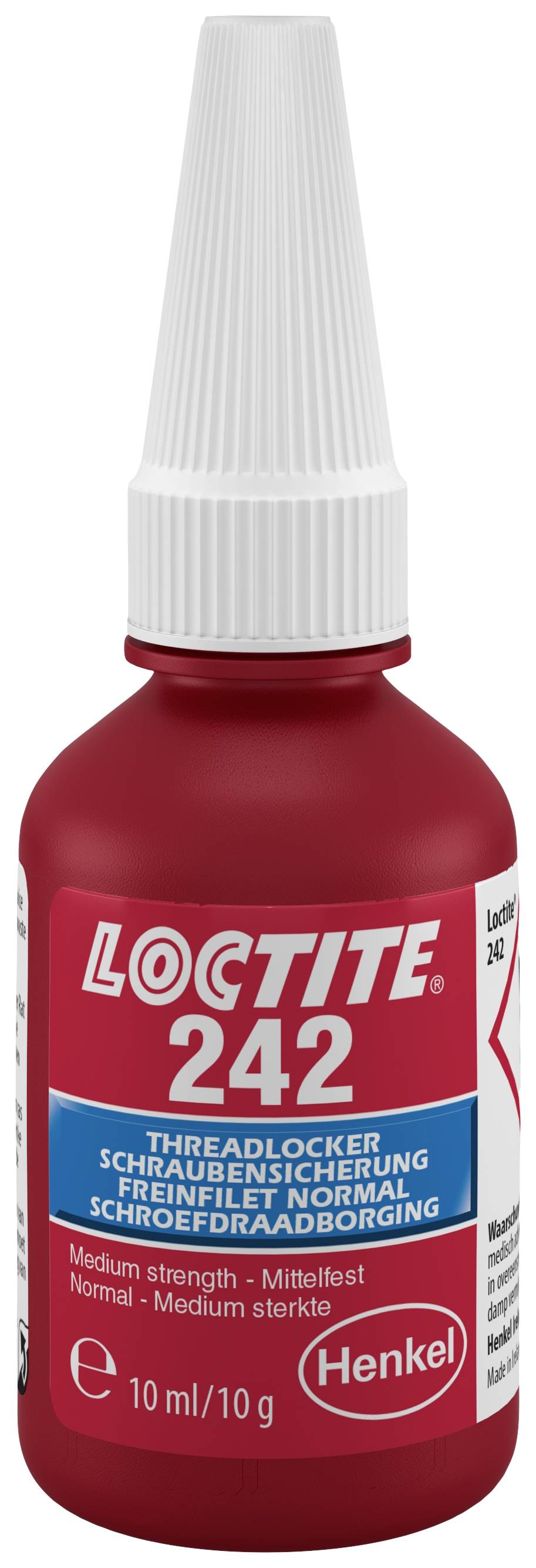 Červená lahvička Loctite 242 zajišťovače závitů, 10 ml, střední pevnosti. Používá se k zajištění šroubových spojů.