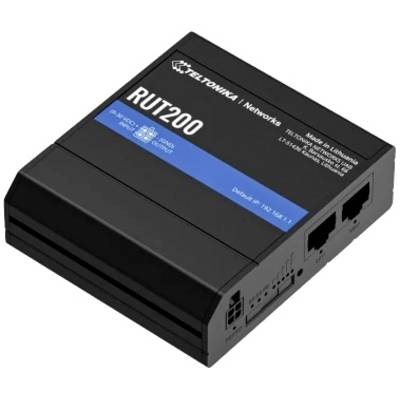 Černý router se dvěma ethernetovými porty. Označení 'RUT200' a název výrobce nahoře. Výchozí IP adresa je 192.168.1.1.
