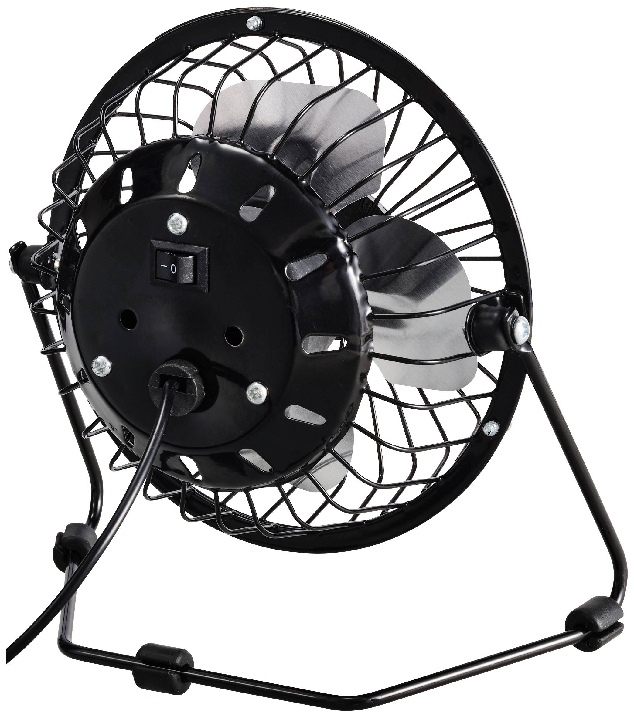 Elektrický stolní ventilátor v černém kovovém designu, pohled z boku. Má mřížku, vypínač a kabel.