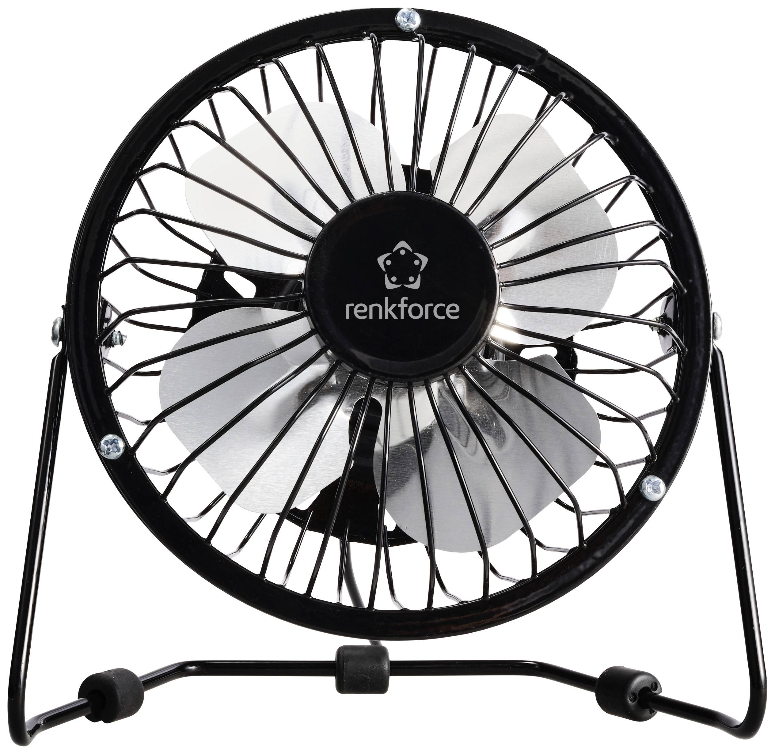 Černý, kulatý stolní ventilátor se stříbrnými rotačními listy a logem 'renkforce' uprostřed.