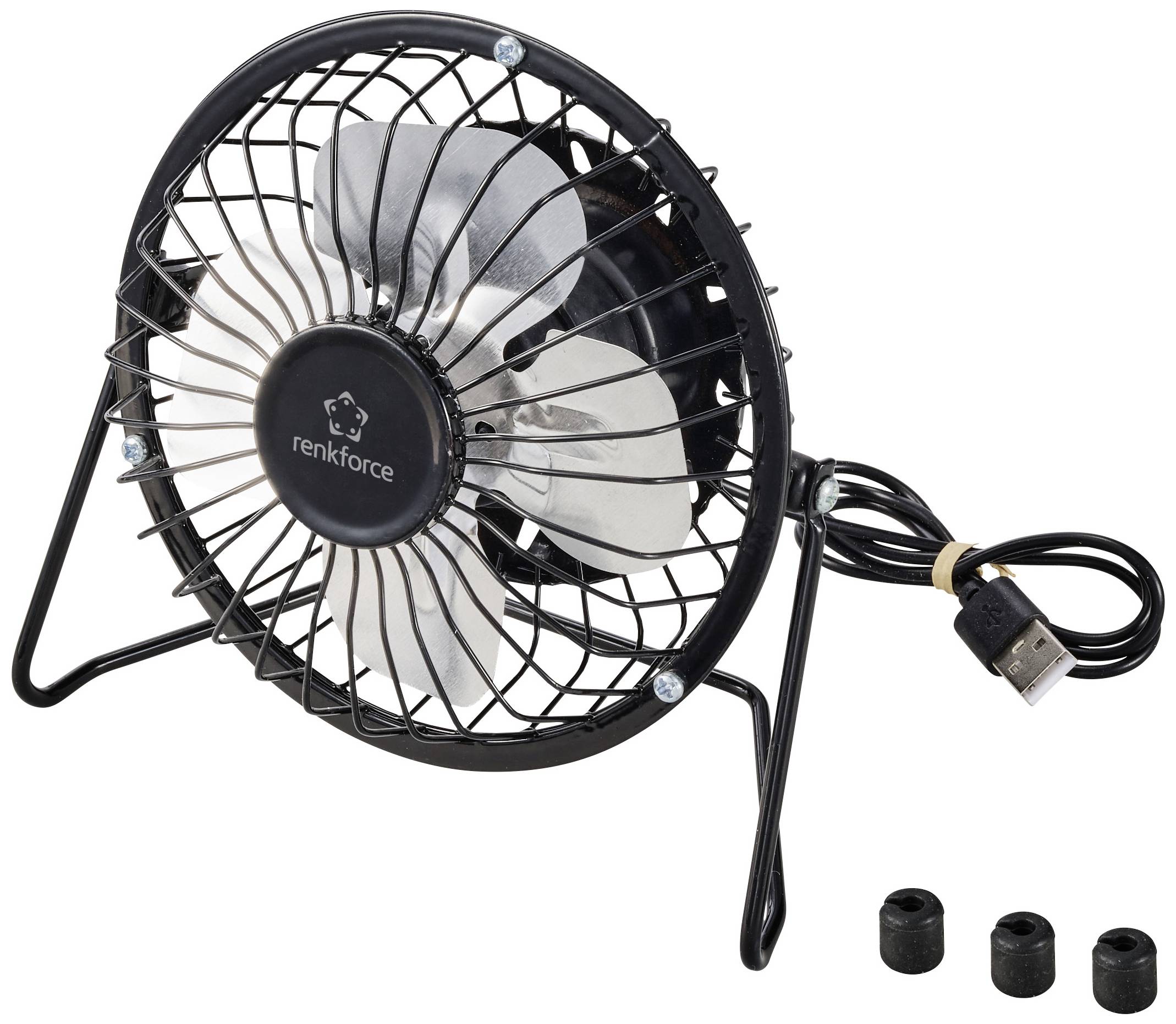 Černý stolní USB ventilátor s kovovým ochranným krytem, vhodný do kanceláře nebo domácnosti, je zobrazen se třemi gumovými nožkami.