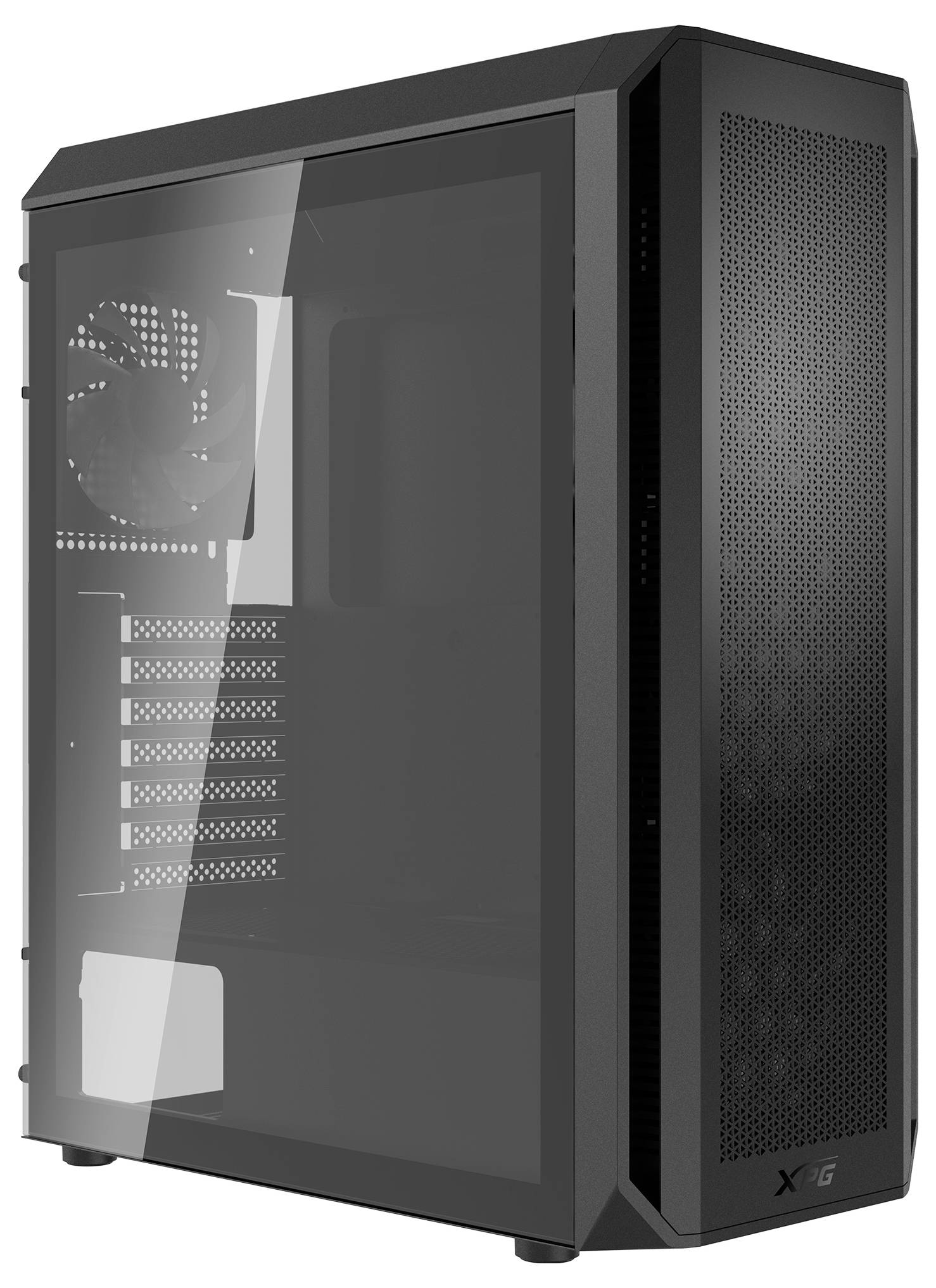Černá PC skříň s bočním oknem a ventilátorem na zadní straně. Skříň má několik ventilačních otvorů a poskytuje prostor pro rozšíření.