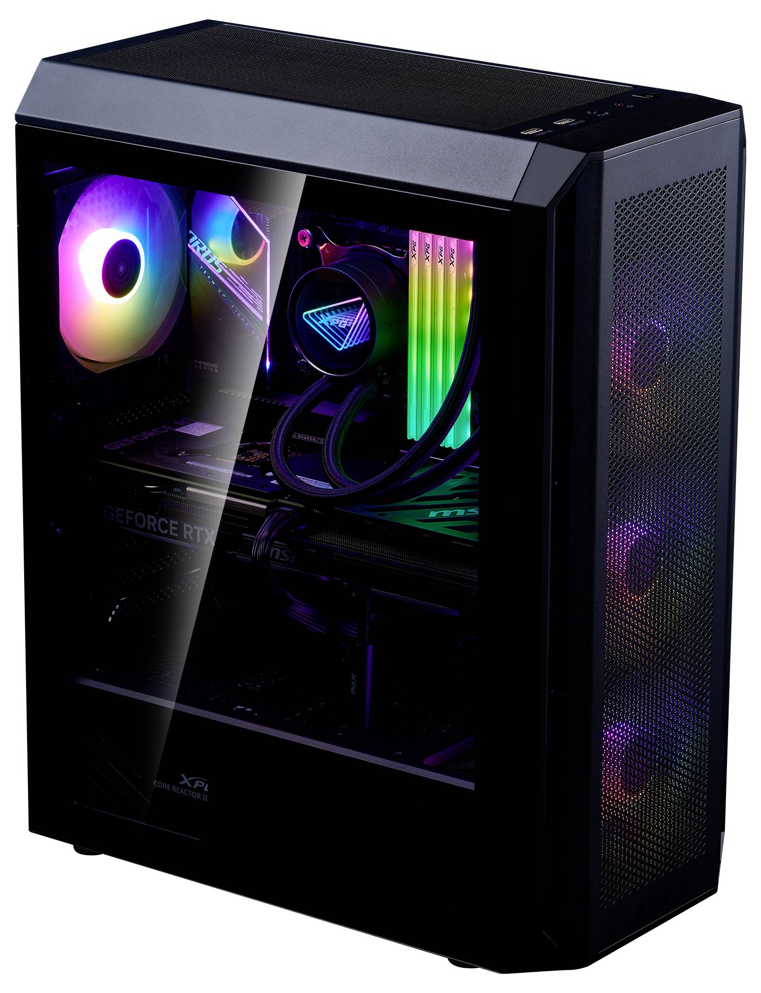 Herní PC skříň se skleněnou boční stěnou, viditelným RGB osvětlením a komponenty jako grafická karta, vodní chlazení a ventilátory.