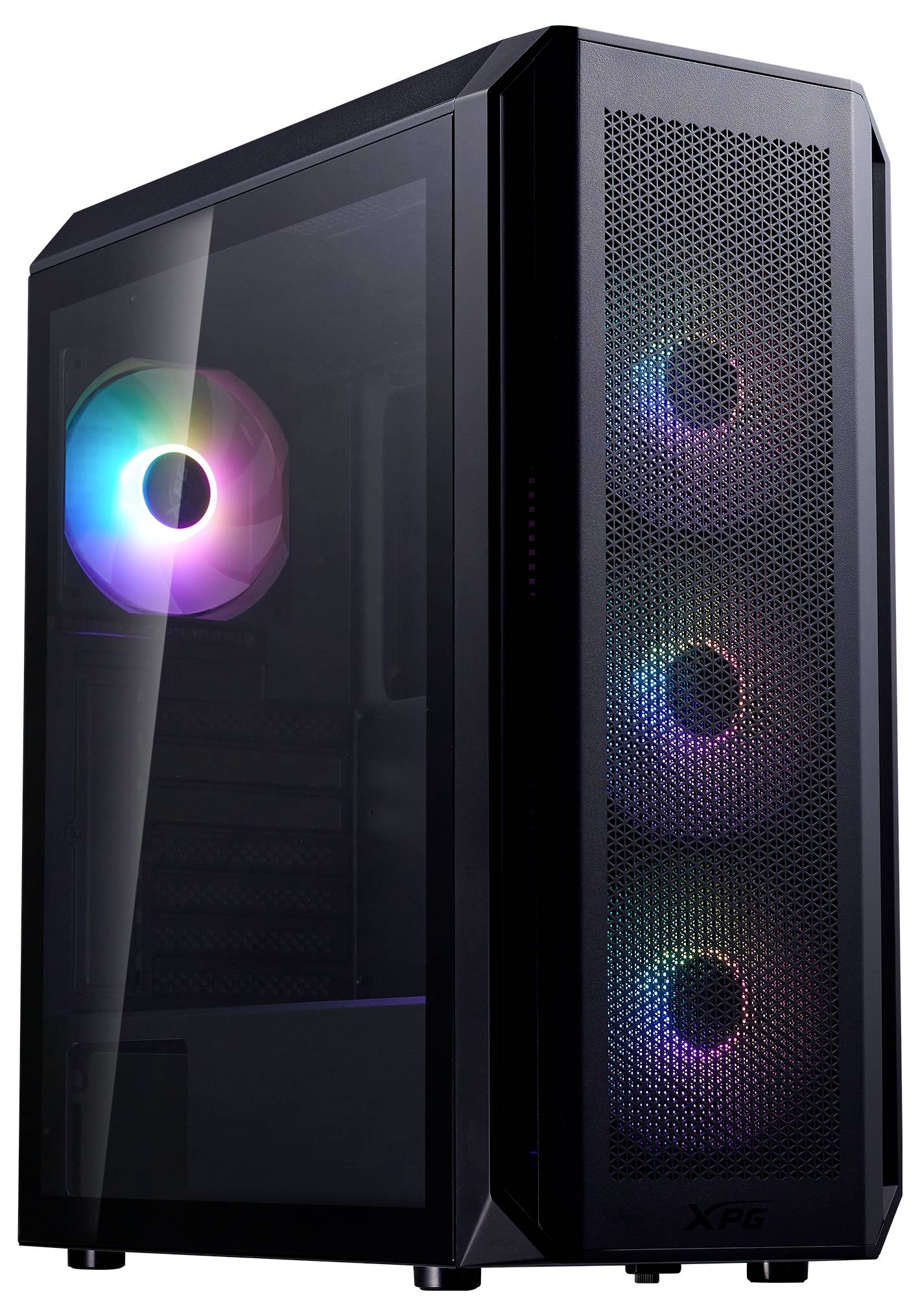 Herní PC skříň se třemi RGB chladicími ventilátory na přední straně a bočním skleněným oknem, které umožňuje nahlédnout dovnitř.