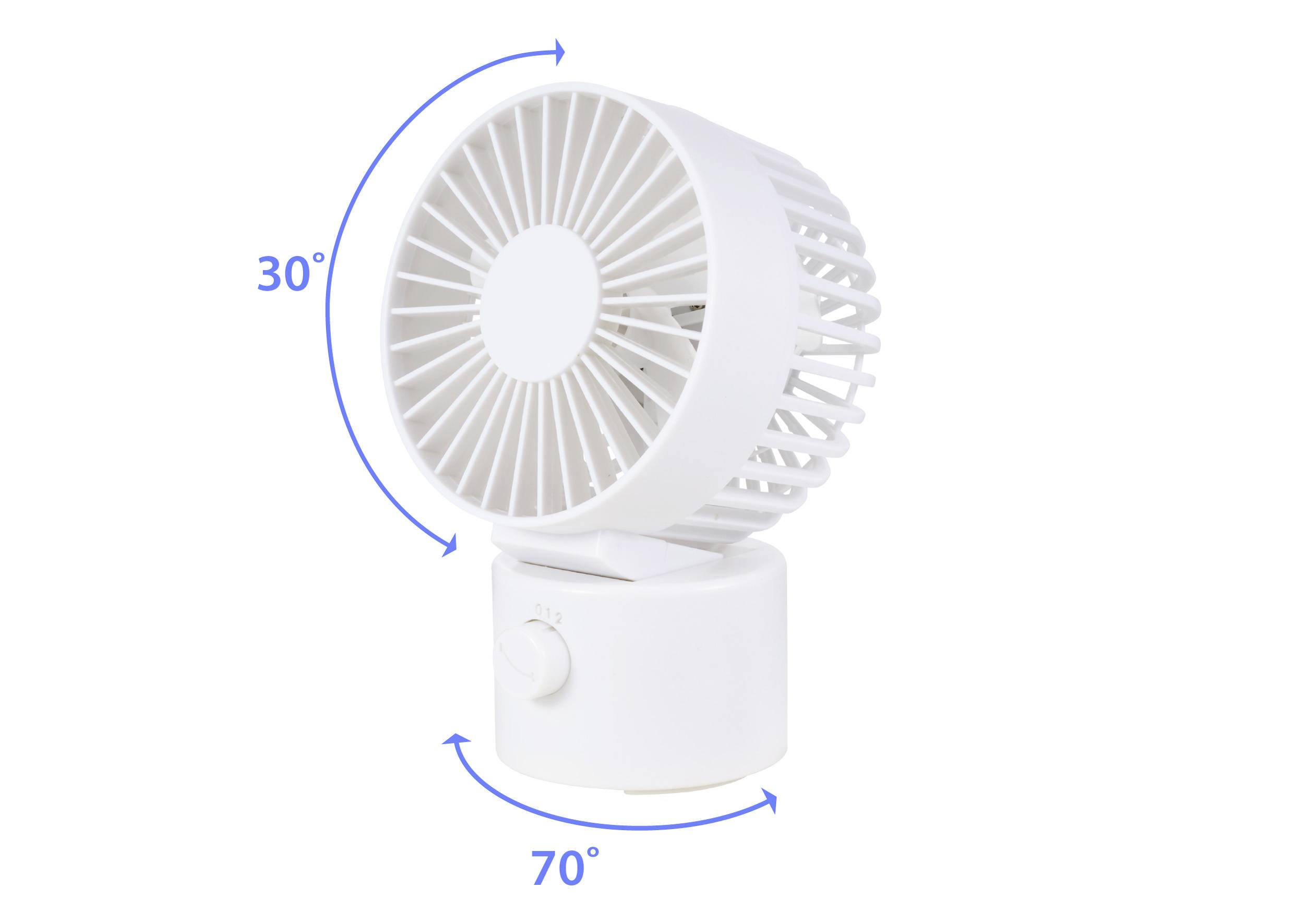 Bílý stolní ventilátor s funkcí otáčení a naklápění. Otáčení o 70 stupňů, naklonění o 30 stupňů. Hlavní tělo s otočným knoflíkem.
